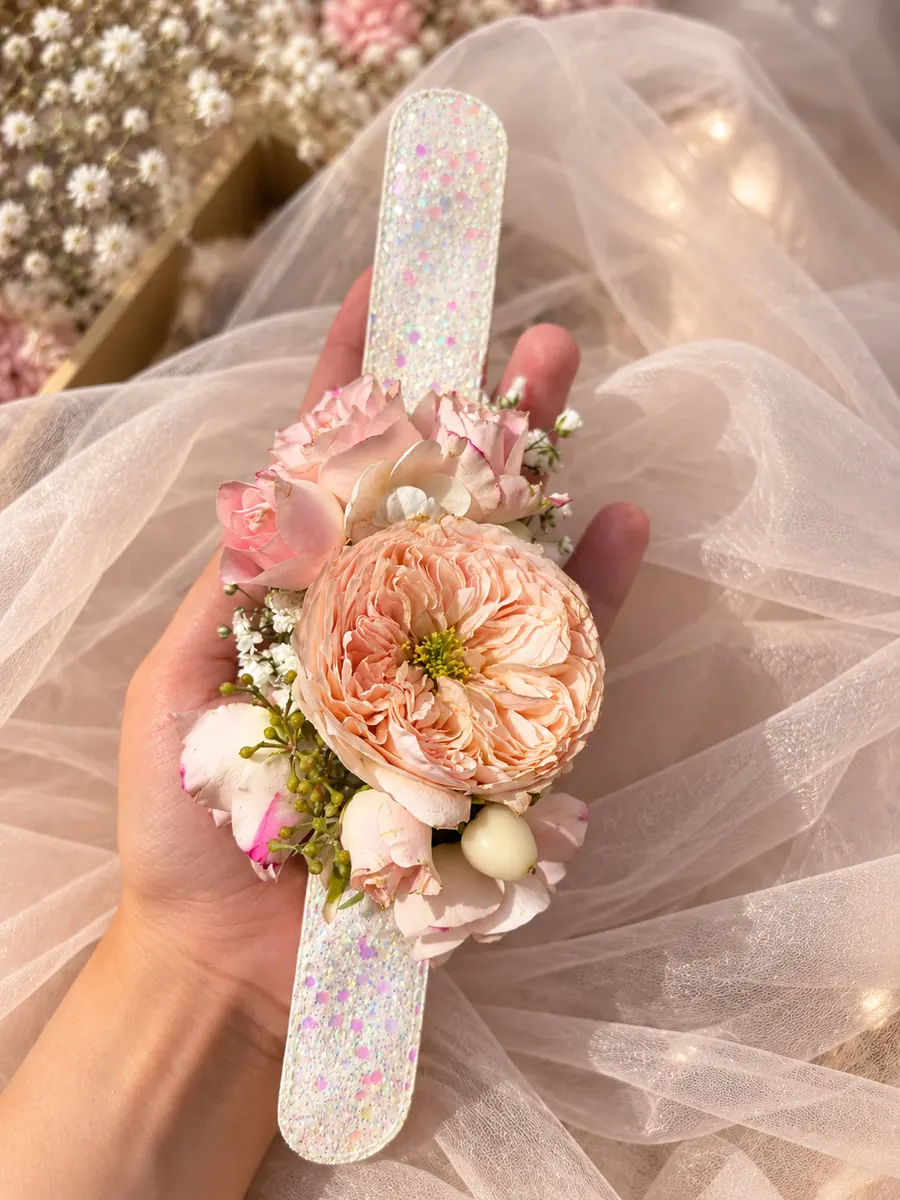 Brățară florală cu un trandafir piersică, ținută în palmă