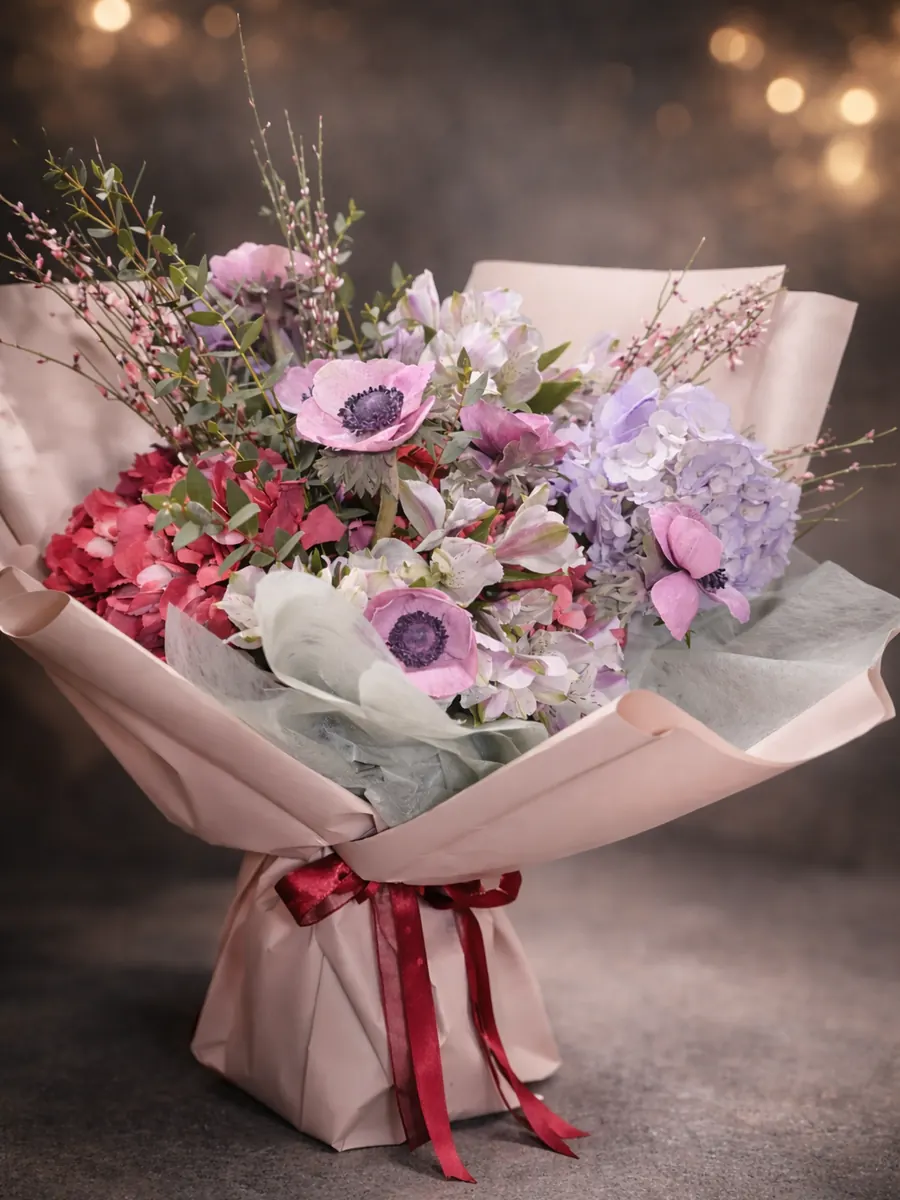 Buchet cu anemone, hortensie lila și flori de cireș, legat cu fundă vișinie