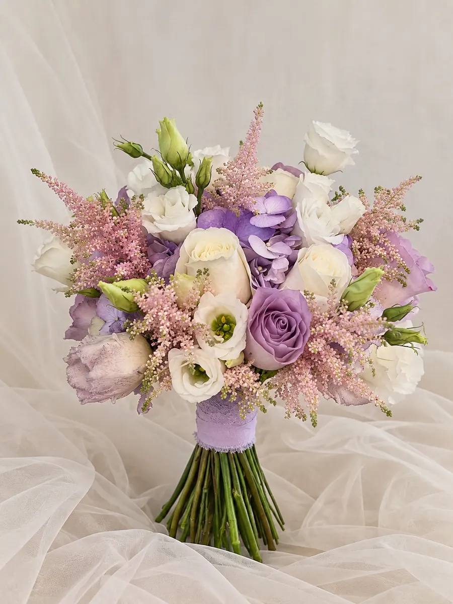 Buchet cu trandafiri lila, astilbe roz și lisianthus alb