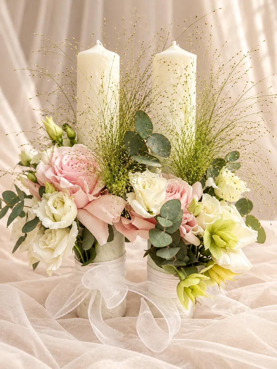 Lumânări de cununie cu trandafiri roz pal, lisianthus și eucalipt