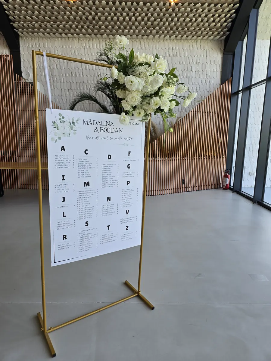 Seating chart pe stativ auriu, cu aranjament de flori albe deasupra