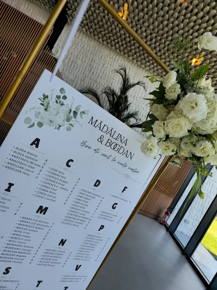 Seating chart cu numele invitaților și flori albe, văzut de aproape
