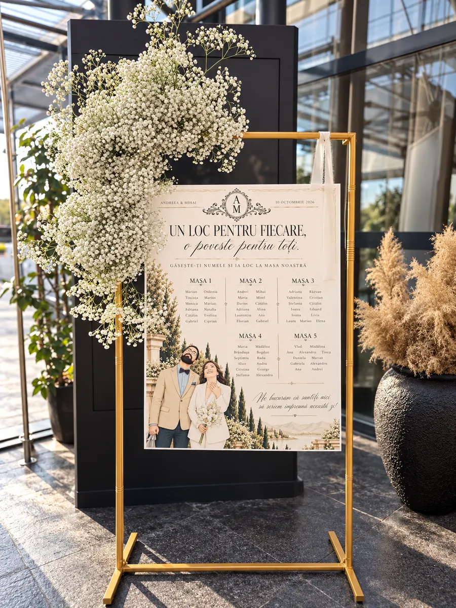 Seating chart pe stativ auriu, cu un decor voluminos de gypsophila albă