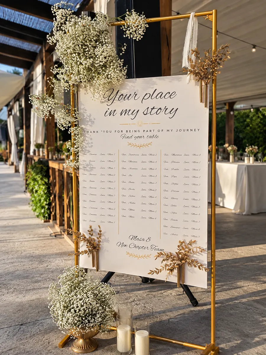 Seating chart pe stativ auriu, decorat cu gypsophila și ierburi uscate